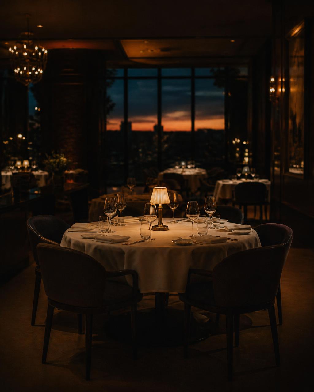 An empty fine dining room at dusk, tables set with white linen and a single lit table lamp.