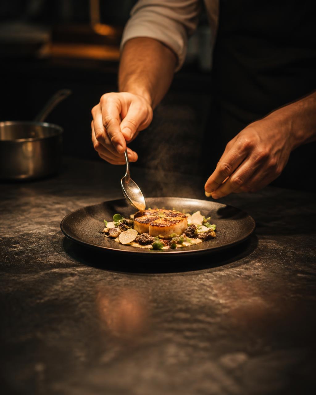 A chef's hands finishing a plate with a spoon on a dark stone pass counter.