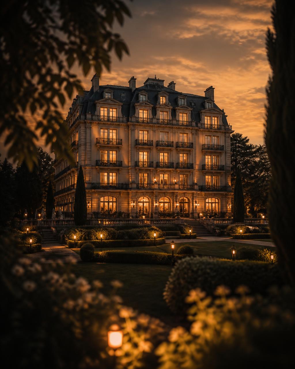 The exterior of an elegant hotel at golden hour, seen from the garden.