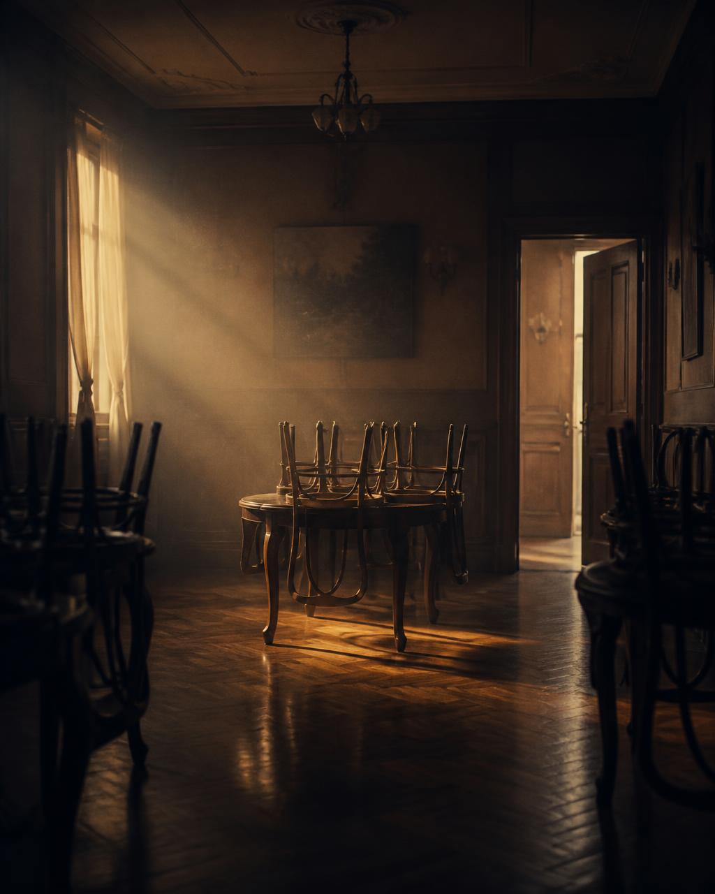 An empty dining room in early morning light with chairs stacked on tables.
