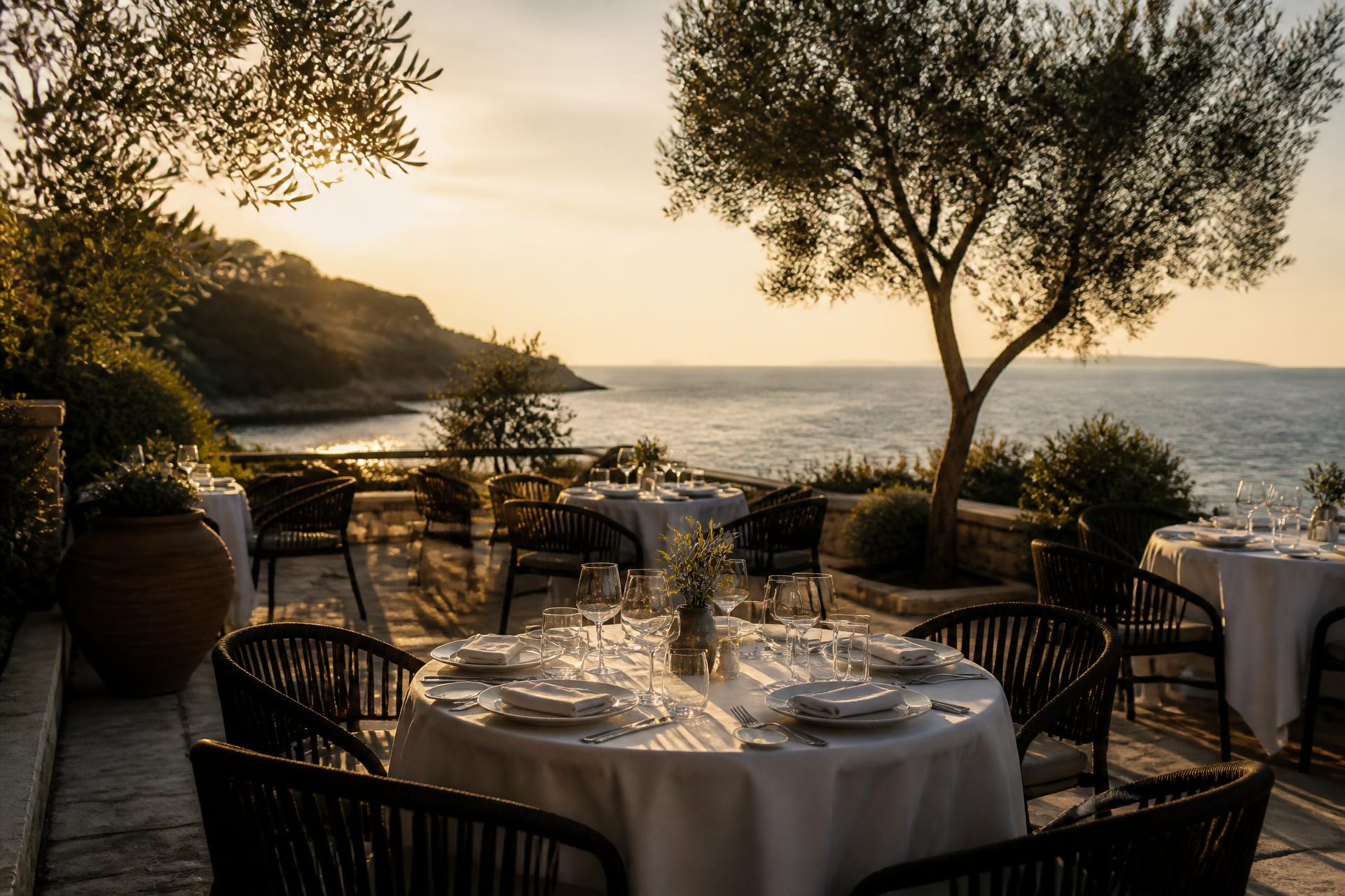 An empty coastal resort terrace set for dinner at golden hour, linen and glassware catching low sun.